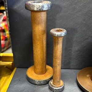 2 Antique Handmade Wooden Spools Patina Textile Industrial Primitives Decor